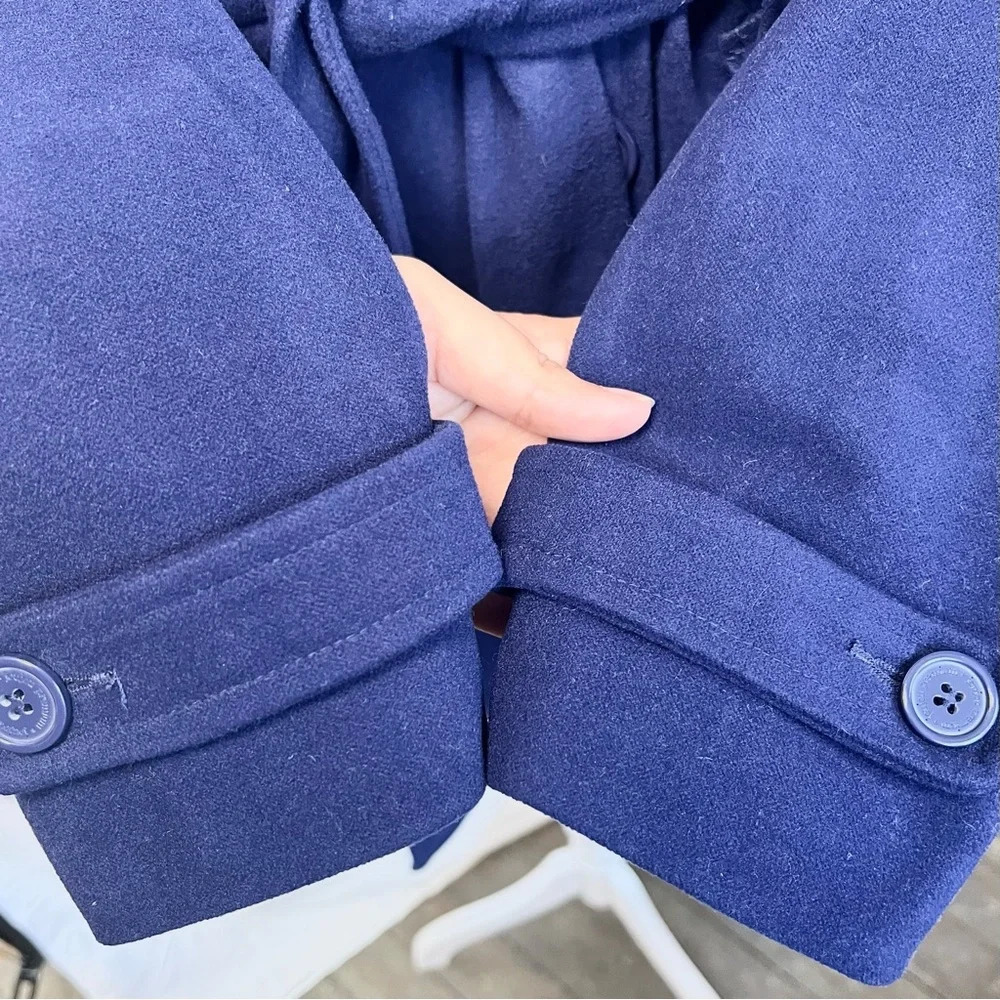 JOUJOU Double Breasted Navy Blue Belted Wool Trench Coat with Lining Size Large - Picture 6 of 16